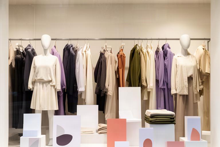 Vetrina di negozio di abbigliamento con cartelli saldi ben visibili e grafica ordinata