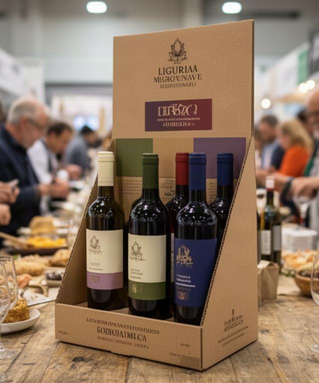 Espositore da banco in cartone microonda con bottiglie di vino ligure durante una fiera gastronomica