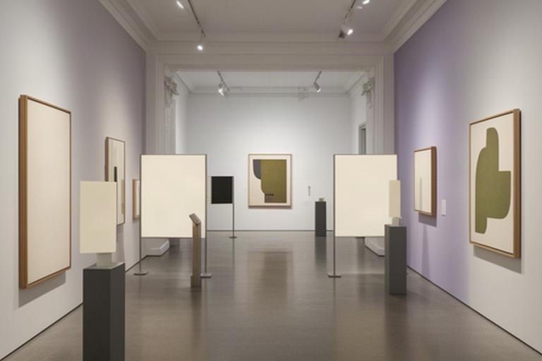 Galleria d'arte con pannelli descrittivi, didascalie e totem per una mostra temporanea