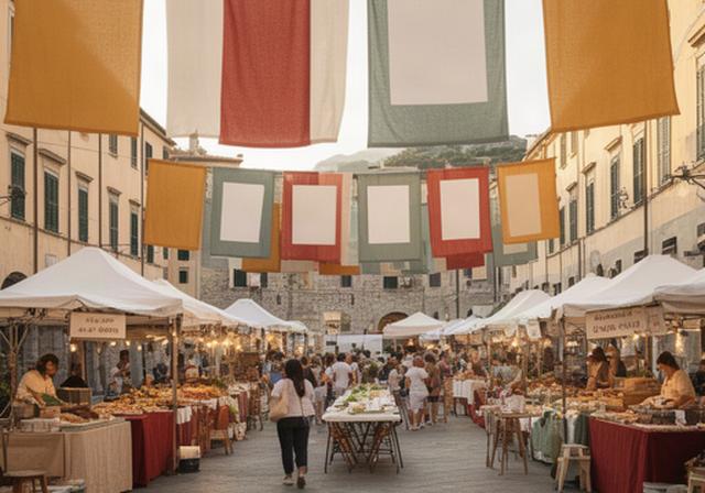 Festa patronale in una piazza di Loano con striscioni di benvenuto e cartelli menù