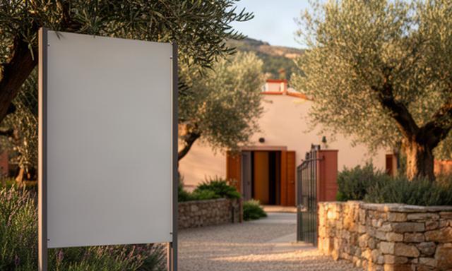 Cartello per parcheggio e ingresso di un B&B ligure circondato da ulivi e vegetazione mediterranea