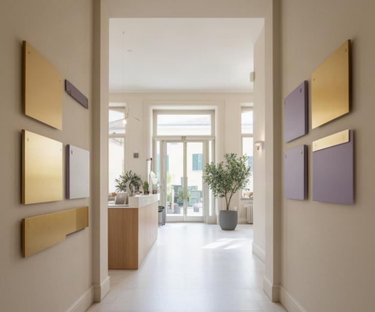 Hall elegante di un hotel ligure con pannelli direzionali coordinati, targhe in ottone e luce naturale