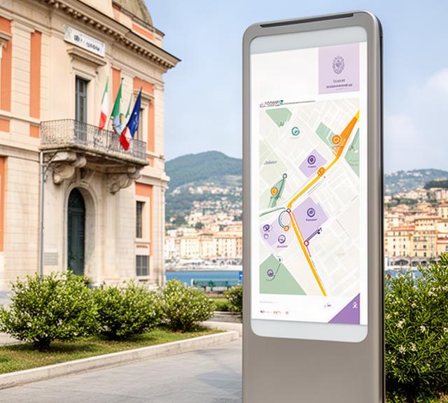 Totem informativo turistico accanto a un edificio comunale ligure, con mappa urbana leggibile e scorcio di Loano