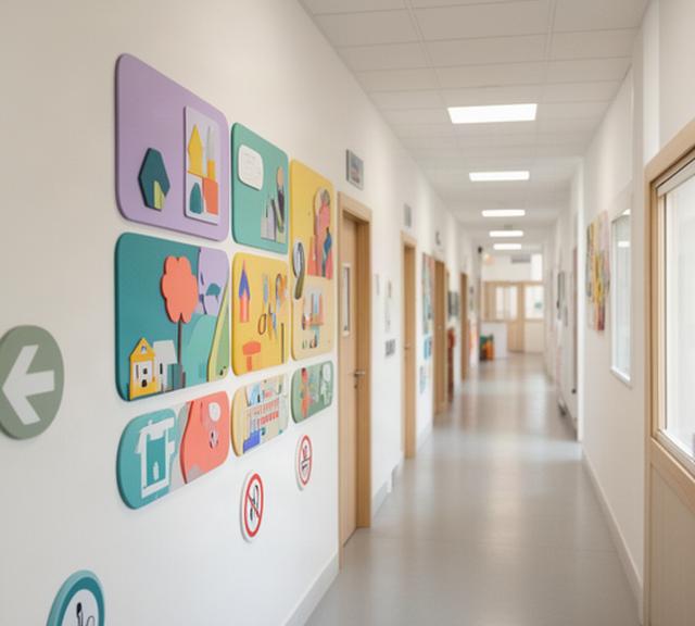 Corridoio luminoso di una scuola ligure con pannelli didattici, targhe per le aule e segnaletica di sicurezza ben visibile