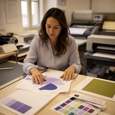Semra Lansana mentre prepara una bozza grafica nel laboratorio di Loano